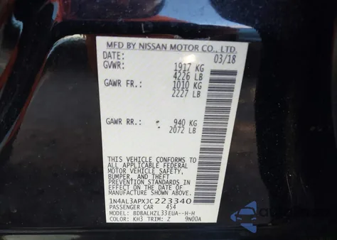 2018 Nissan Altima 2.5 Sr из США, поврежденный, VIN 1N4AL3APXJC223340